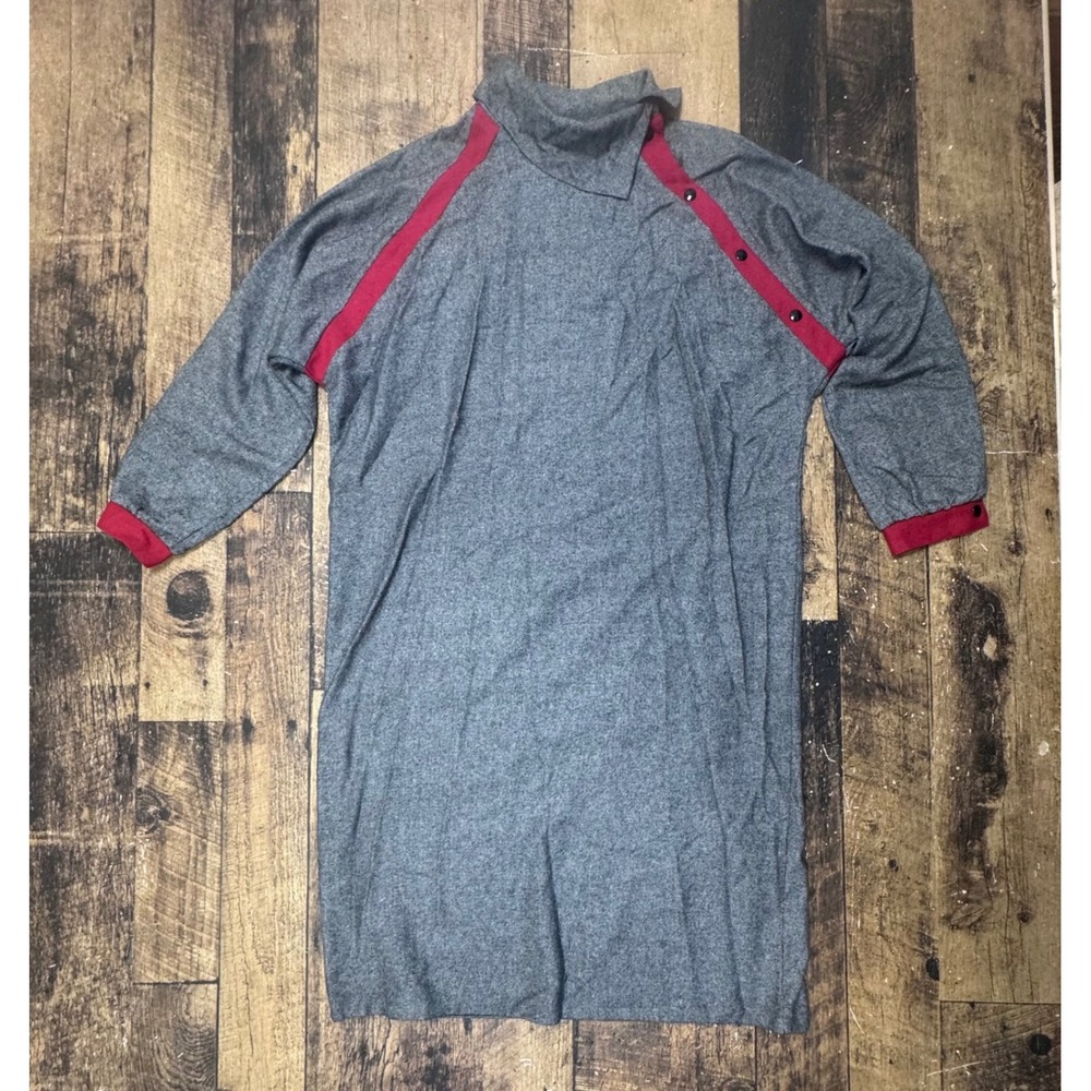 Vintage Fiocchi Gray Red Trim Turtleneck Dress Button Shoulder Made in Italy L